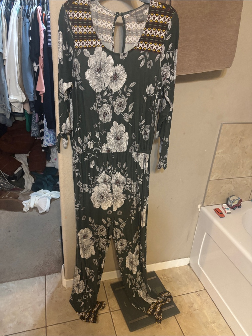 Kate & Mallory Olive Green Floral Jumpsuit with Embroidered Yoke